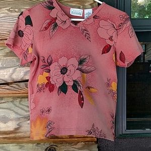 Flowers and a bit of bling on a peach shirt. Small